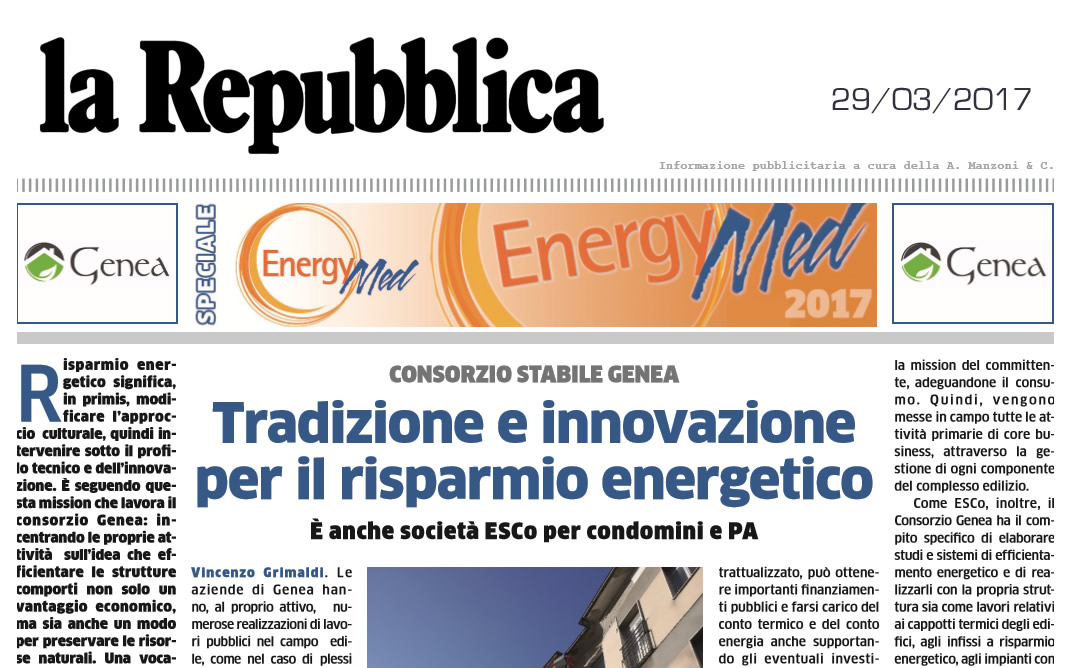 “Tradizione e innovazione per il risparmio energetico” – La Repubblica – 29/03/2017